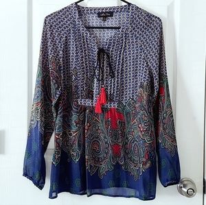 Melissa Paige Floral/Paisley Print Chiffon Top with Tassel Ribbon Detail
